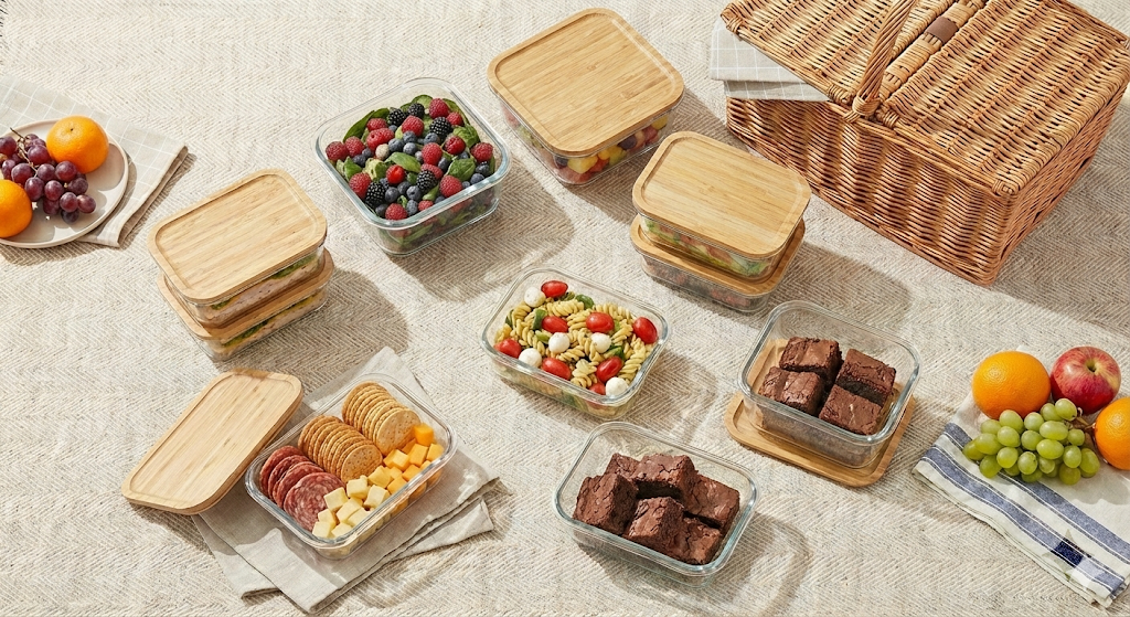 Eco-friendly glass containers with bamboo lids—microwave & fridge safe.
